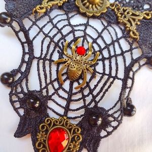 Fingerless Black Spider Web Gloves with Brass Charm Accents / Victorian Trading